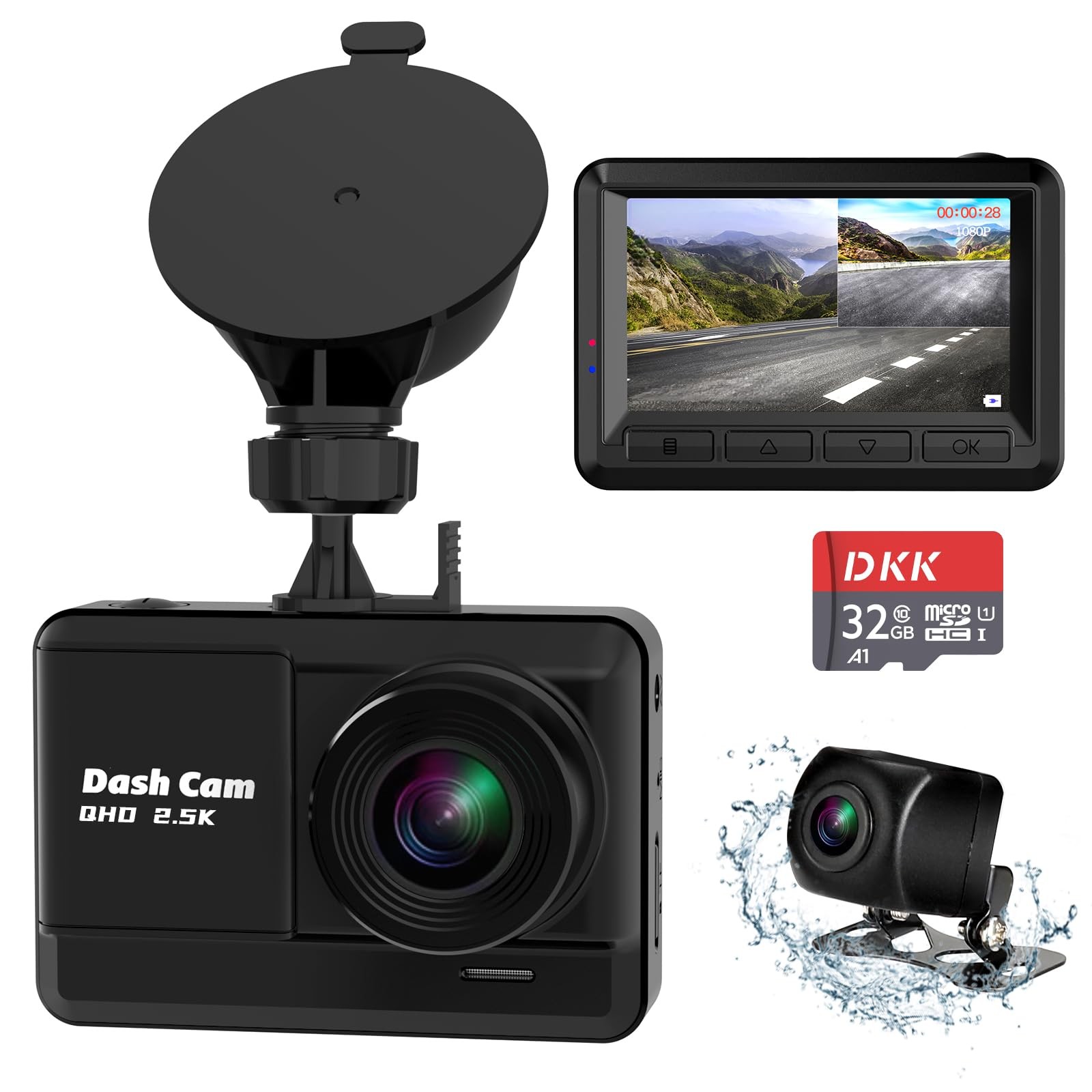 Dash Cam Front and Rear, 2.5K+1080P Dual Dash Camera for Cars with 32GB SD Ca…