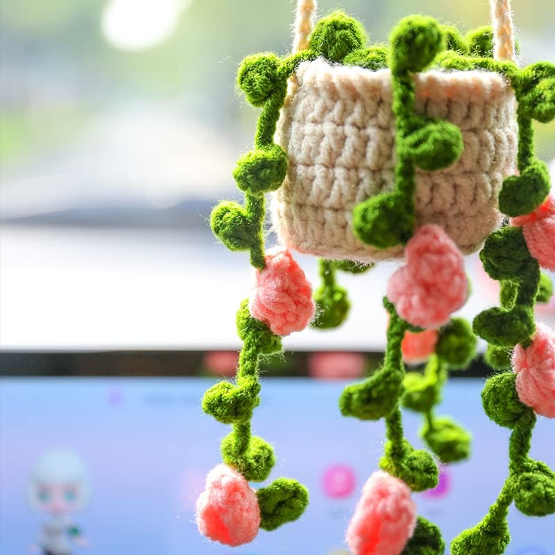 Boho Crochet Hanging Accessories – Cute Plants for Women’s Car Mirror Pink