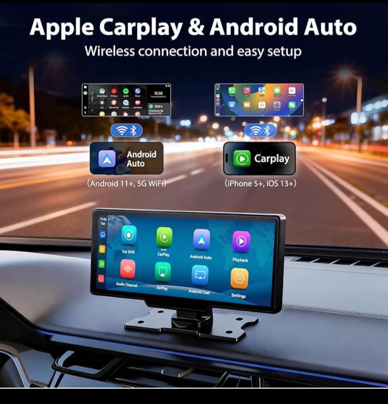 10.26″ Wireless CarPlay Screen for Car: 4K Dash Cam & 1080P Backup Camera, Porta