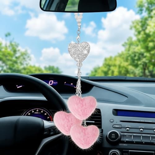 Pink Crystal Bling Car Mirror Hanging Accessories Heart Shaped Light Pink