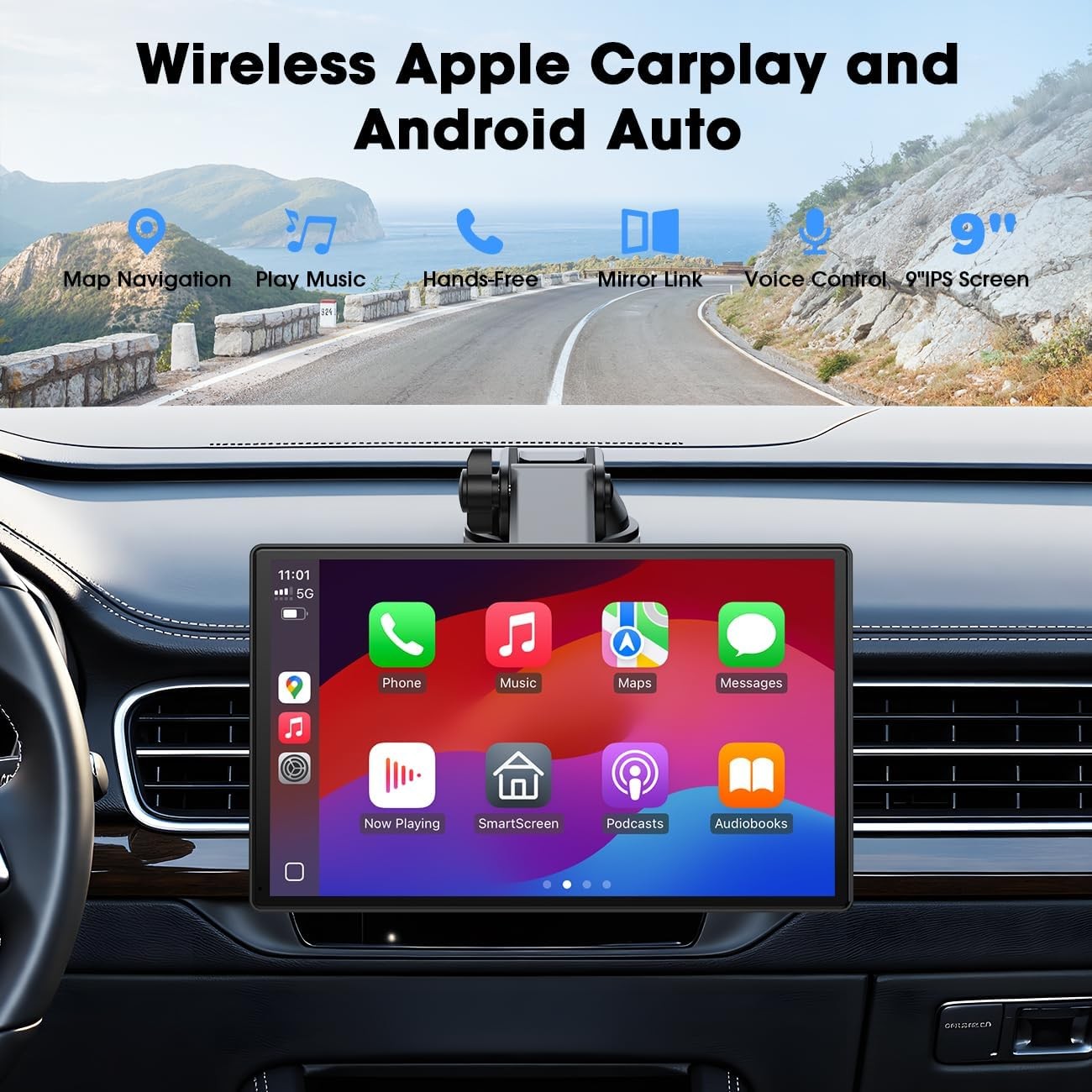 9″ Portable CarPlay Screen Wireless CarPlay&Android Auto Mirror Link Plug & Play