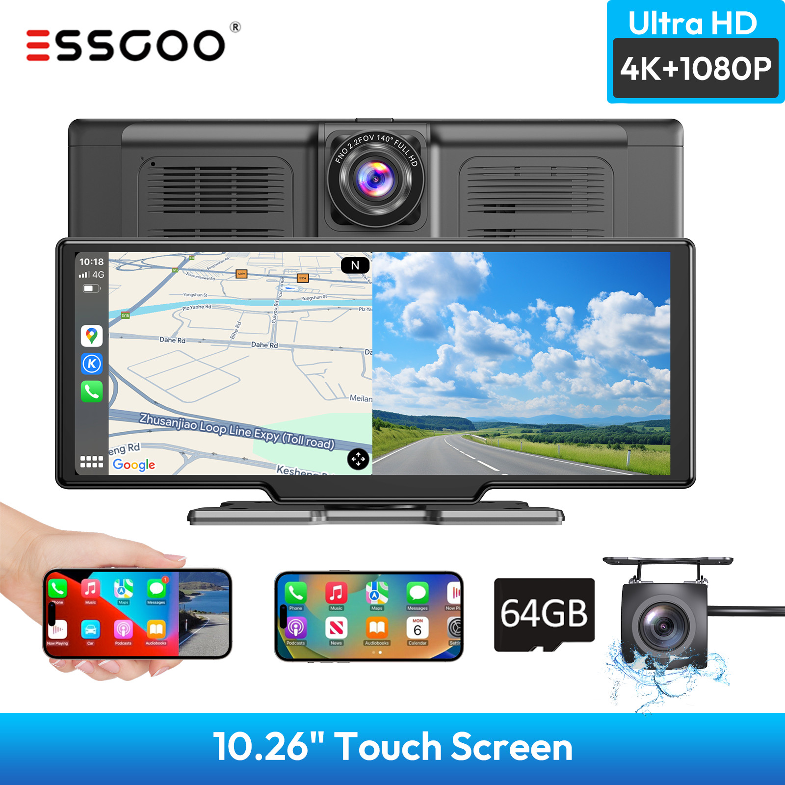 2026 Wireless Carplay Android Auto Screen for Car 10″ IPS Portable Touch Screen