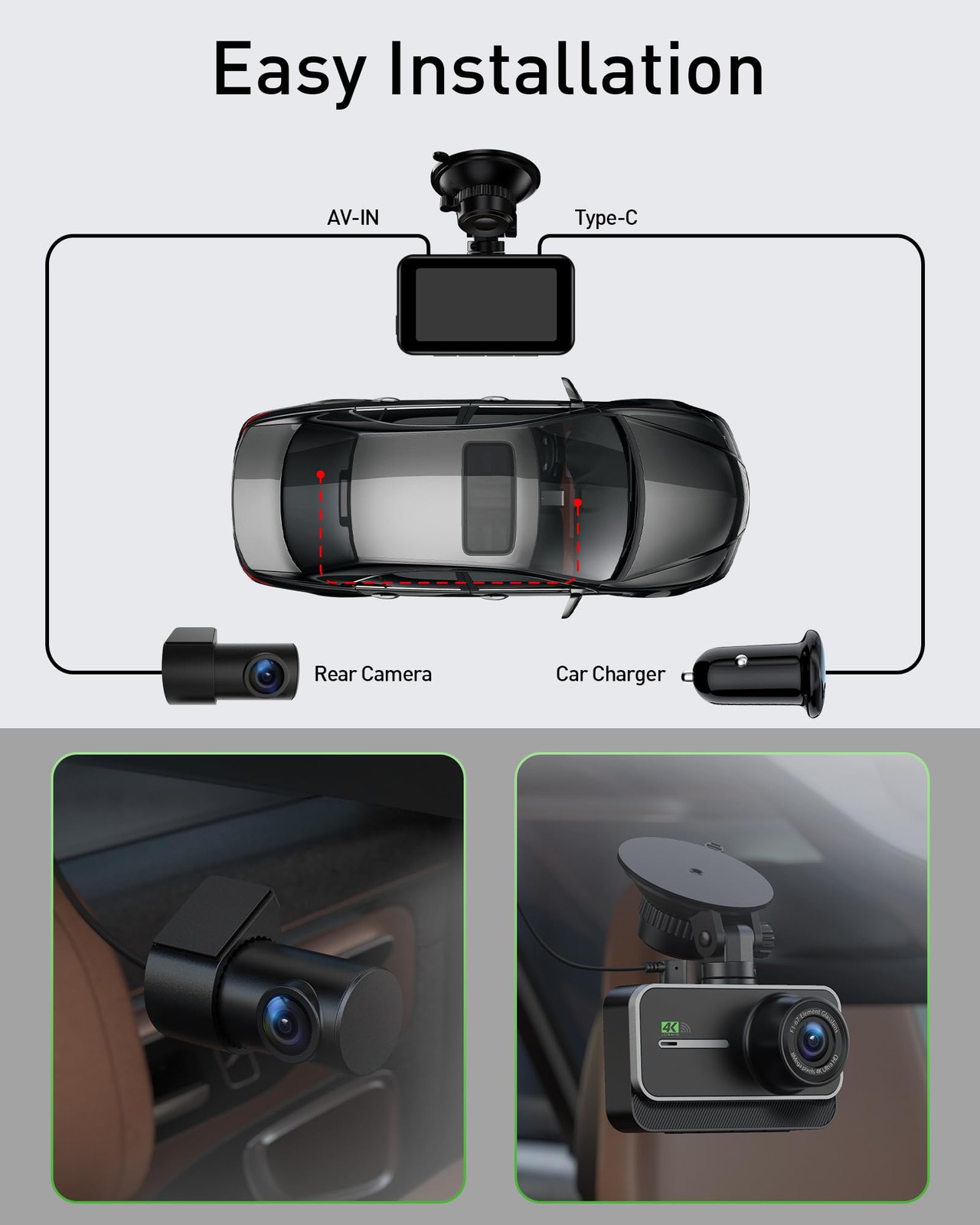 Dash Cam Front and Rear,4K+1080P WiFi Dual Dash Camera for Cars with App, 3″ …