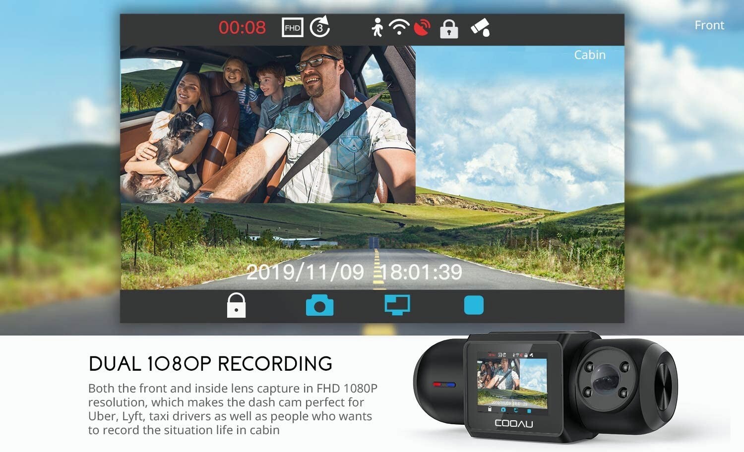 COOAU 4K Build-in GPS Dual Dash Cam Front and Inside WiFi Dash Camera for Car