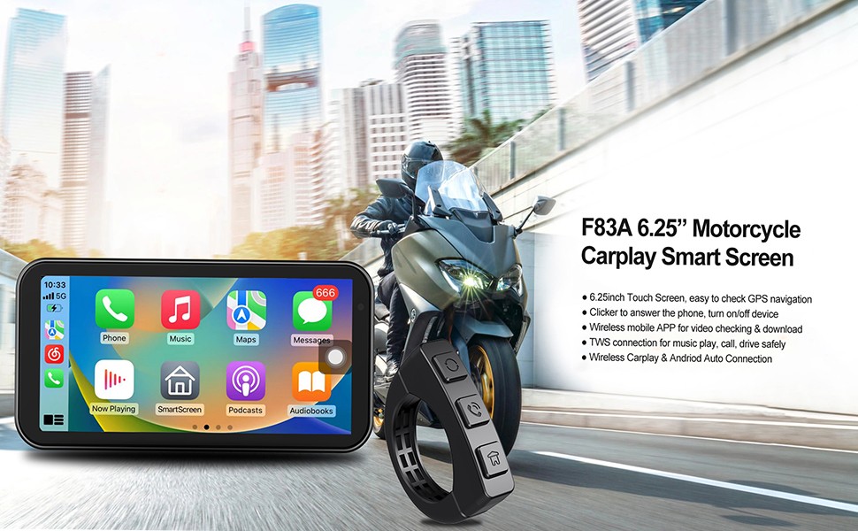 6.25″ Motorcycle GPS Navigator Wireless CarPlay Android Auto with HD Camera IP67