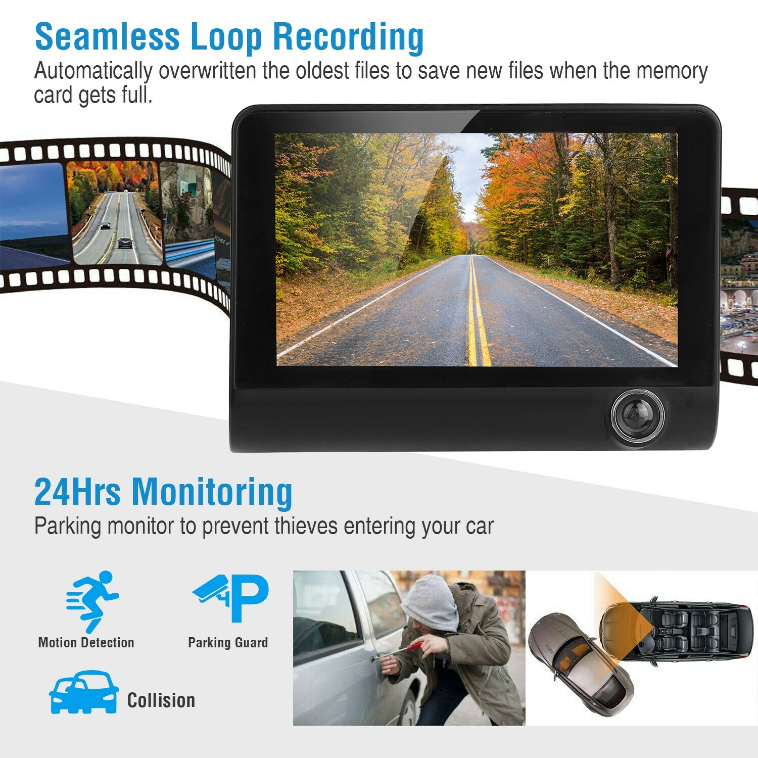 4″ 1080P 3 Lens Car DVR Video Dash Cam Front/Inside Camera Motion Detection