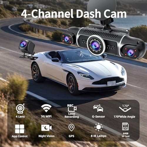 360° Dash Cam Front and Rear View 4 Channel Dash Camera FHD 4 Chan -W2