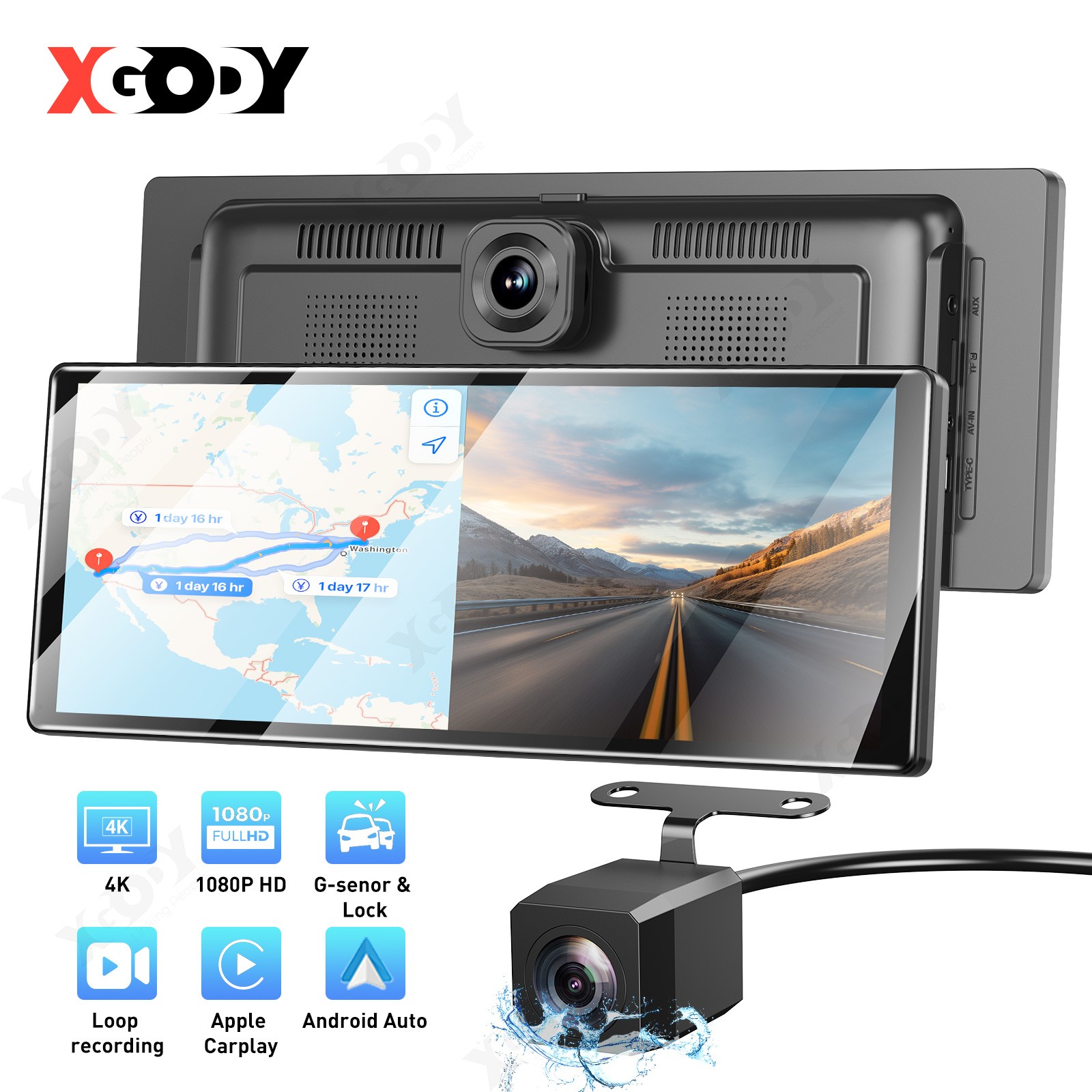 11” 1080P GPS WIFI Dash Cam Carplay Android Wireless Auto Mirror Video Recorder