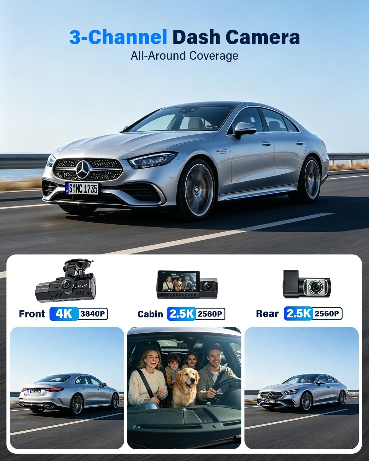 3-Channel 4K Dash Cam with WiFi & GPS, HDR, G-Sensor, 64GB Card, Parking Monitor