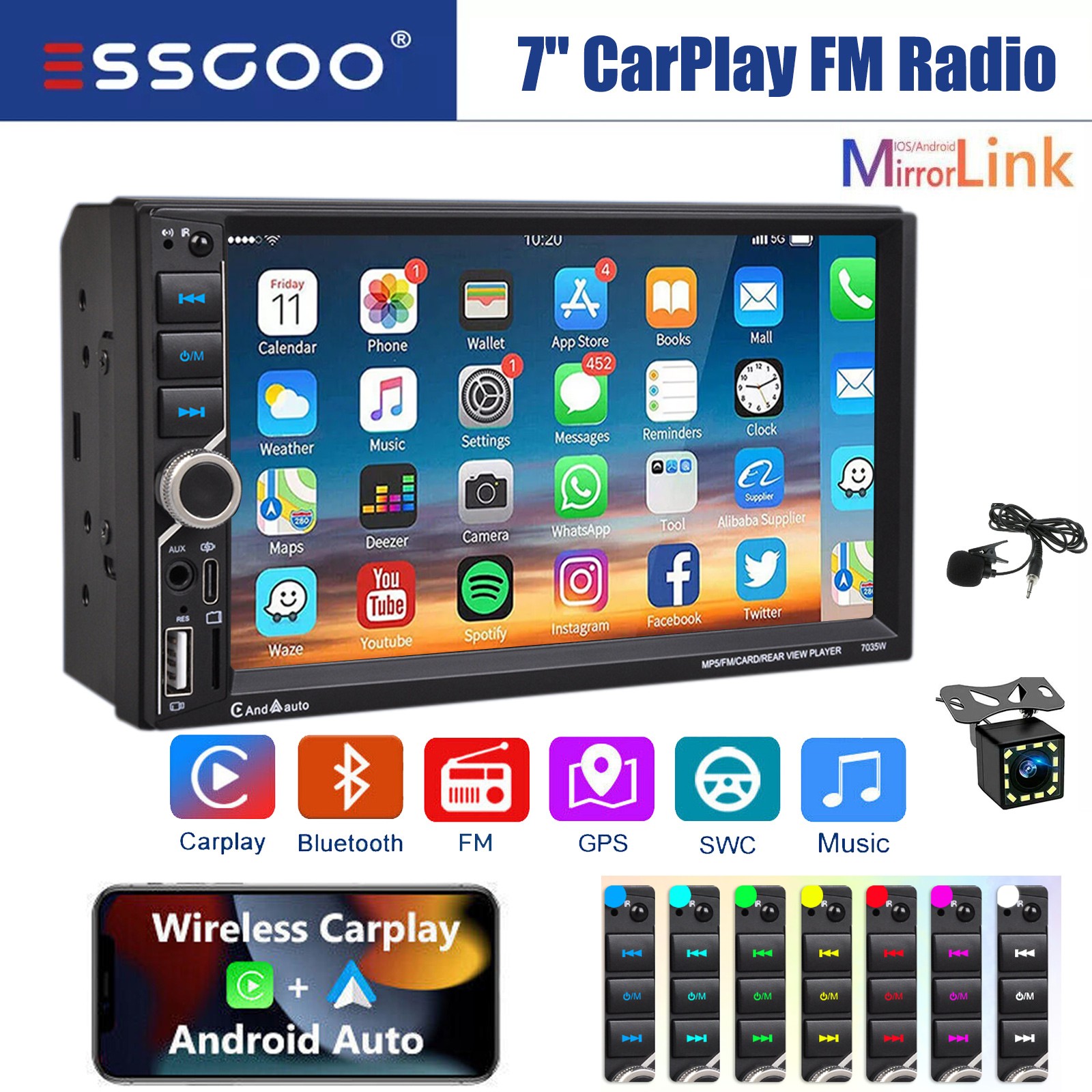 Apple CarPlay 7″ Double 2Din Car Stereo Radio Android Auto Touch Screen + Camera