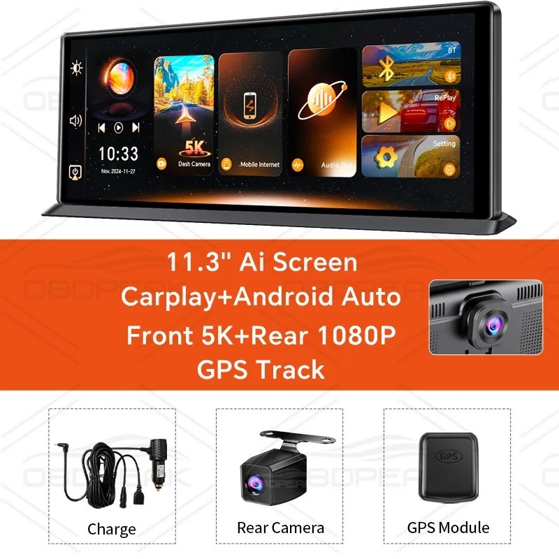 OBDPEAK K8 Pro 11.3″ Dash Cam 5K Wireless CarPlay Android Auto GPS Touch