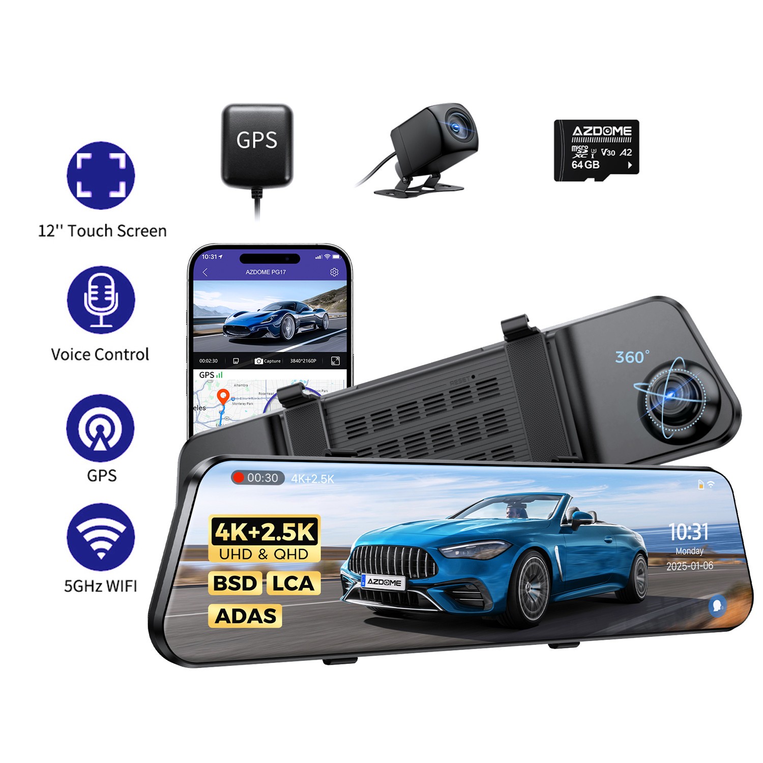 AZDOME 2CH 12″ 4K+2.5K Rear View Mirror Dash Cam 5GWiFi GPS Parking Mode 64GB TF