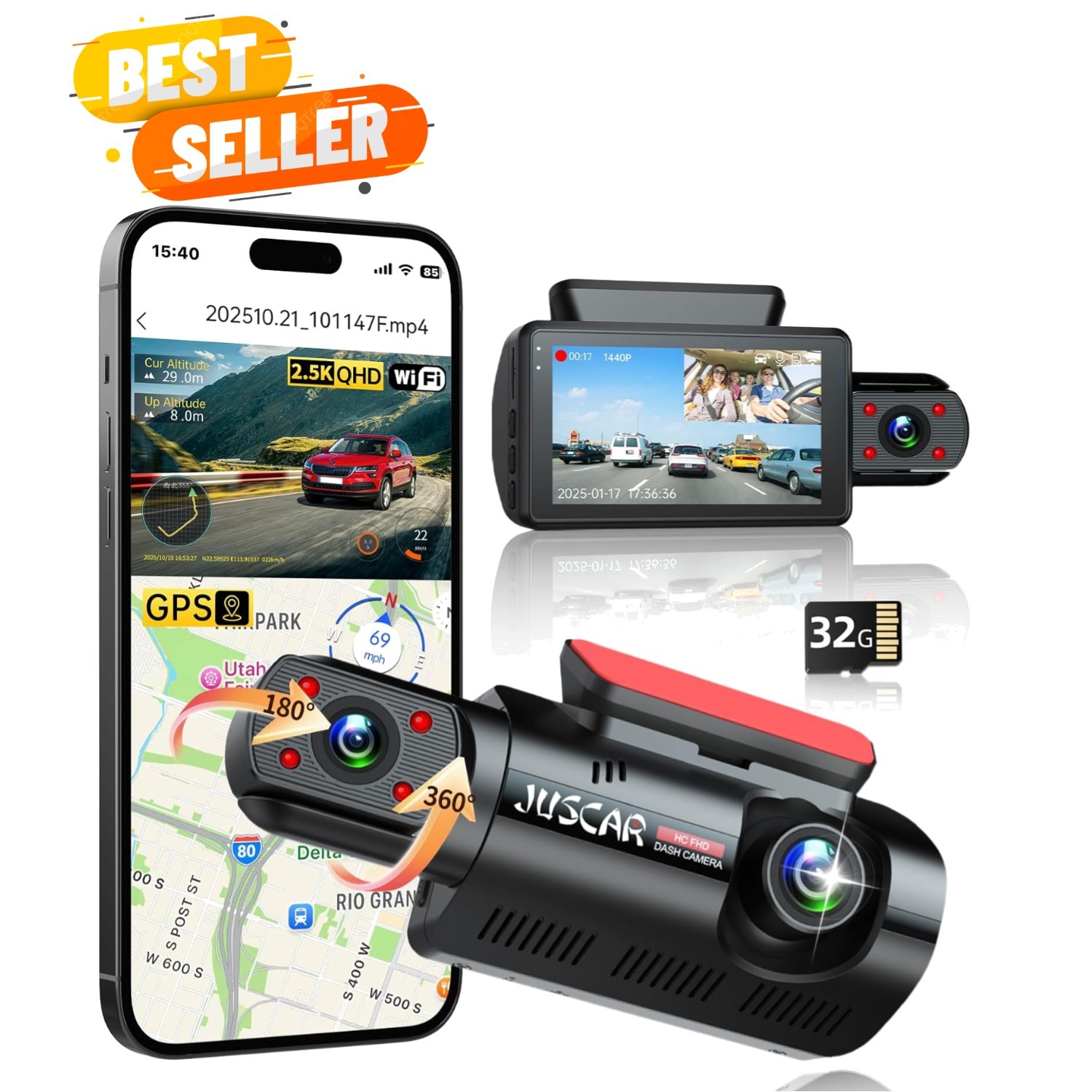 170° Wide Angle Dash Cam with Super Night Vision & App Control – 256GB Max