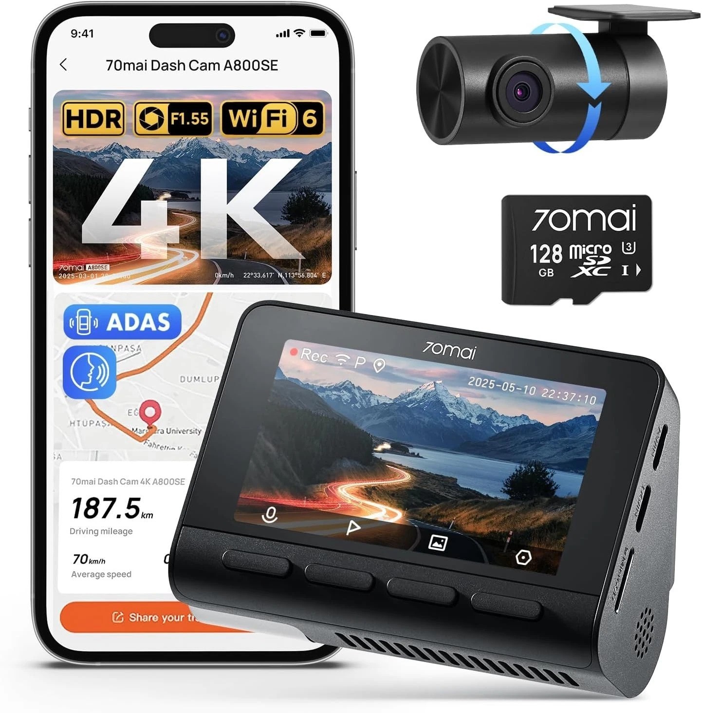 4K Front & Rear Dash Cam with Wi-Fi 6, GPS & Night Vision – 128GB Included