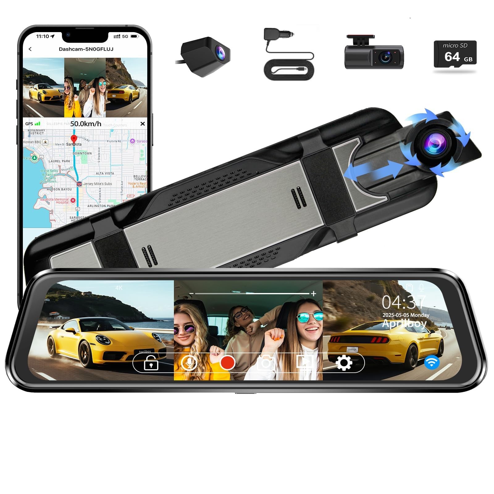 3 Channel Mirror Dash Camera for Cars,9.66″ Triple Rear View Mirror with Fron…