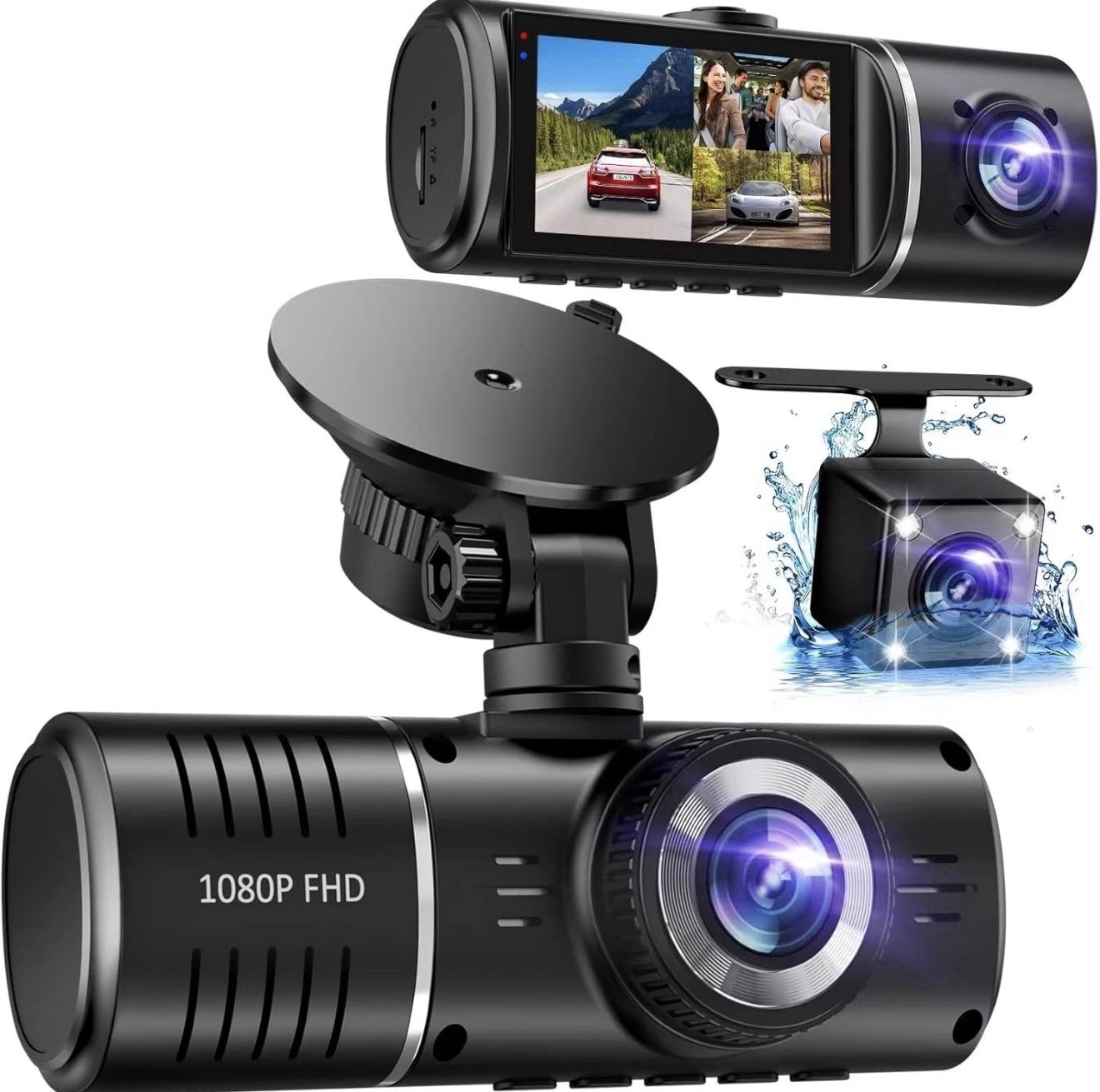 SUVCON J06 3-Channel Dash Cam W/ Backup Rear Camera 1080P w/ 32GB Card G Sensor