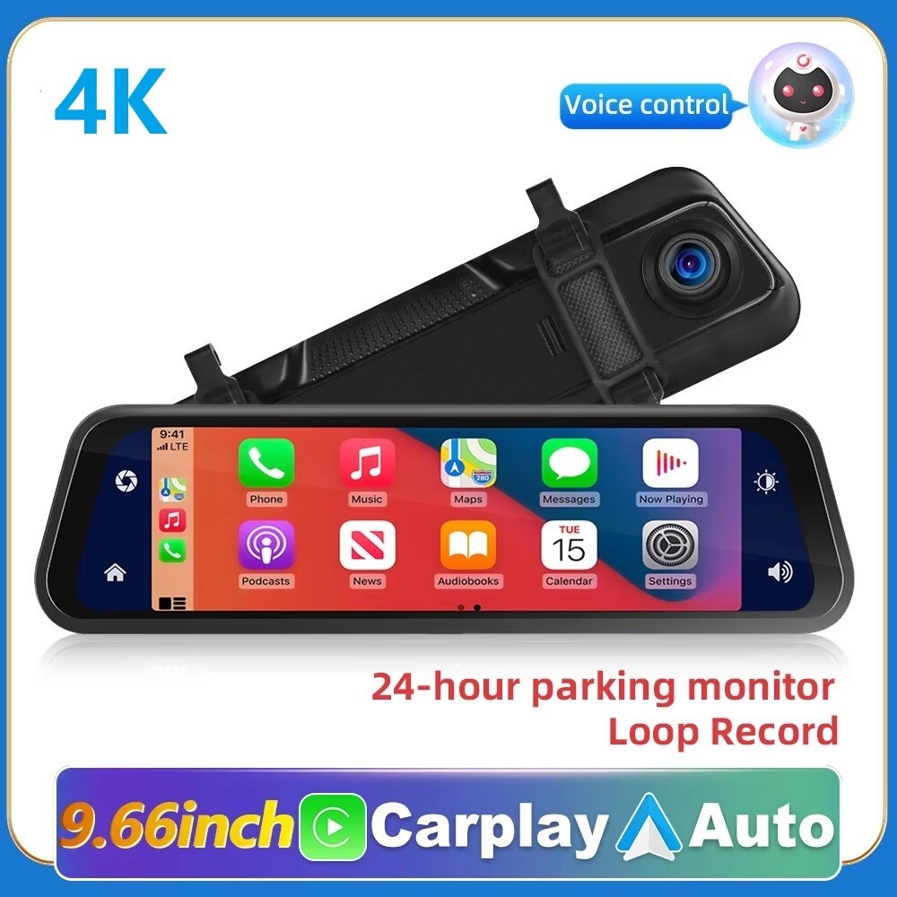 4K Dash Cam Mirror Car DVR WIFI Carplay Android Auto Voice Conrtol Video Record