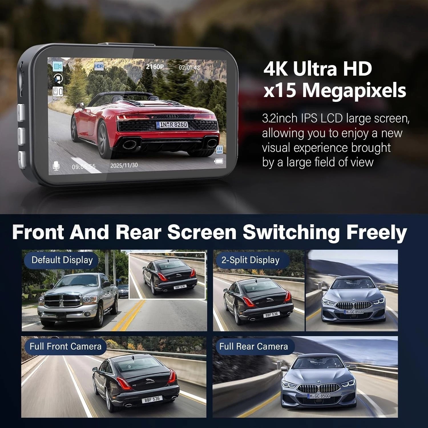 Dual 4K Dash Cam Front and Rear – Free 64G SD Card, 2160P+2160P UHD Dash Came…