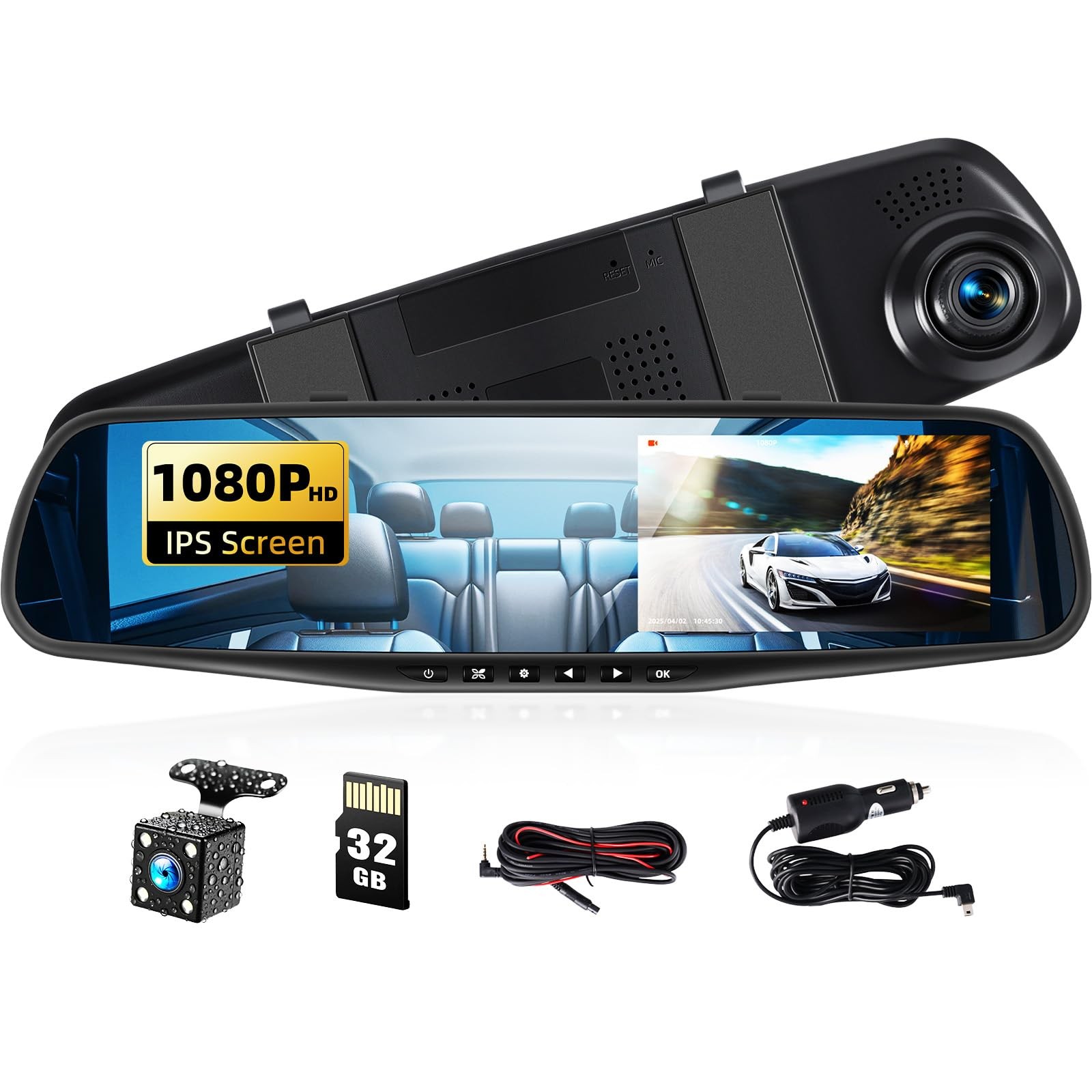 4.5 Inch Mirror Dash Cam 1080P Front 480P Rear Dual Camera With 32GB Card Par…