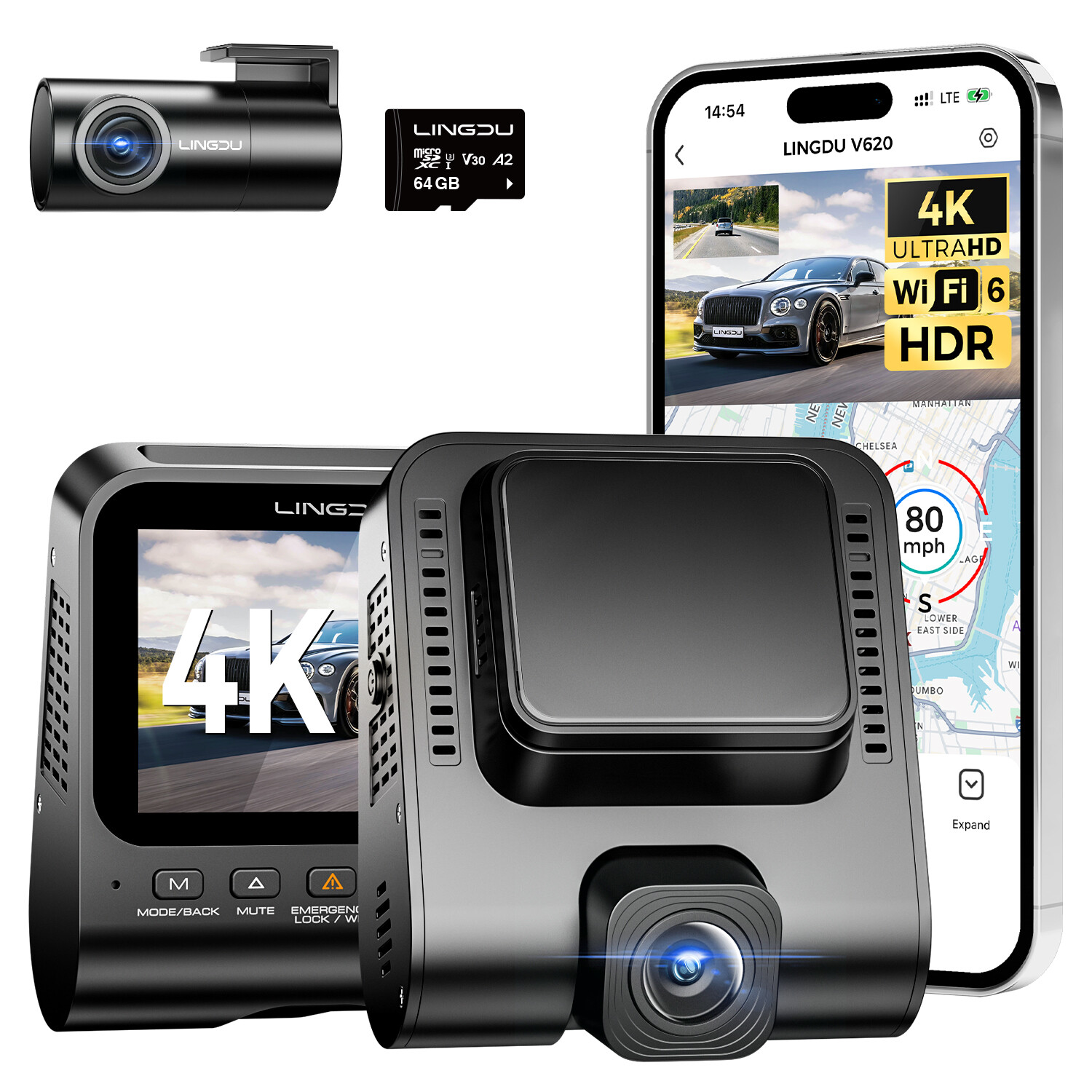 V620 4K+1080P Dual Dash Cam ADAS WiFi 6 GPS Cars Recorder Parking Mode Free 64GB