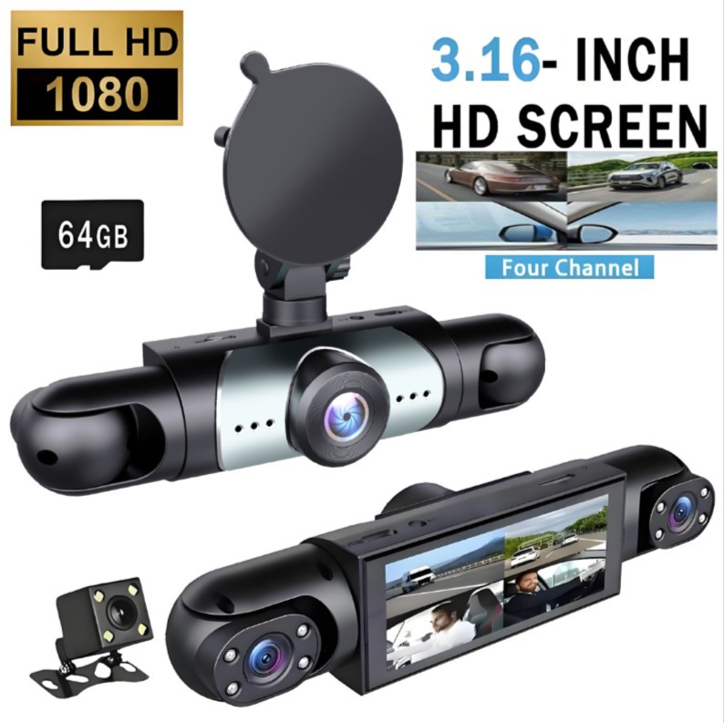 360° 4 Channel 1080P HD Car Dash Cam Front and Rear Inside Left Right + Camera