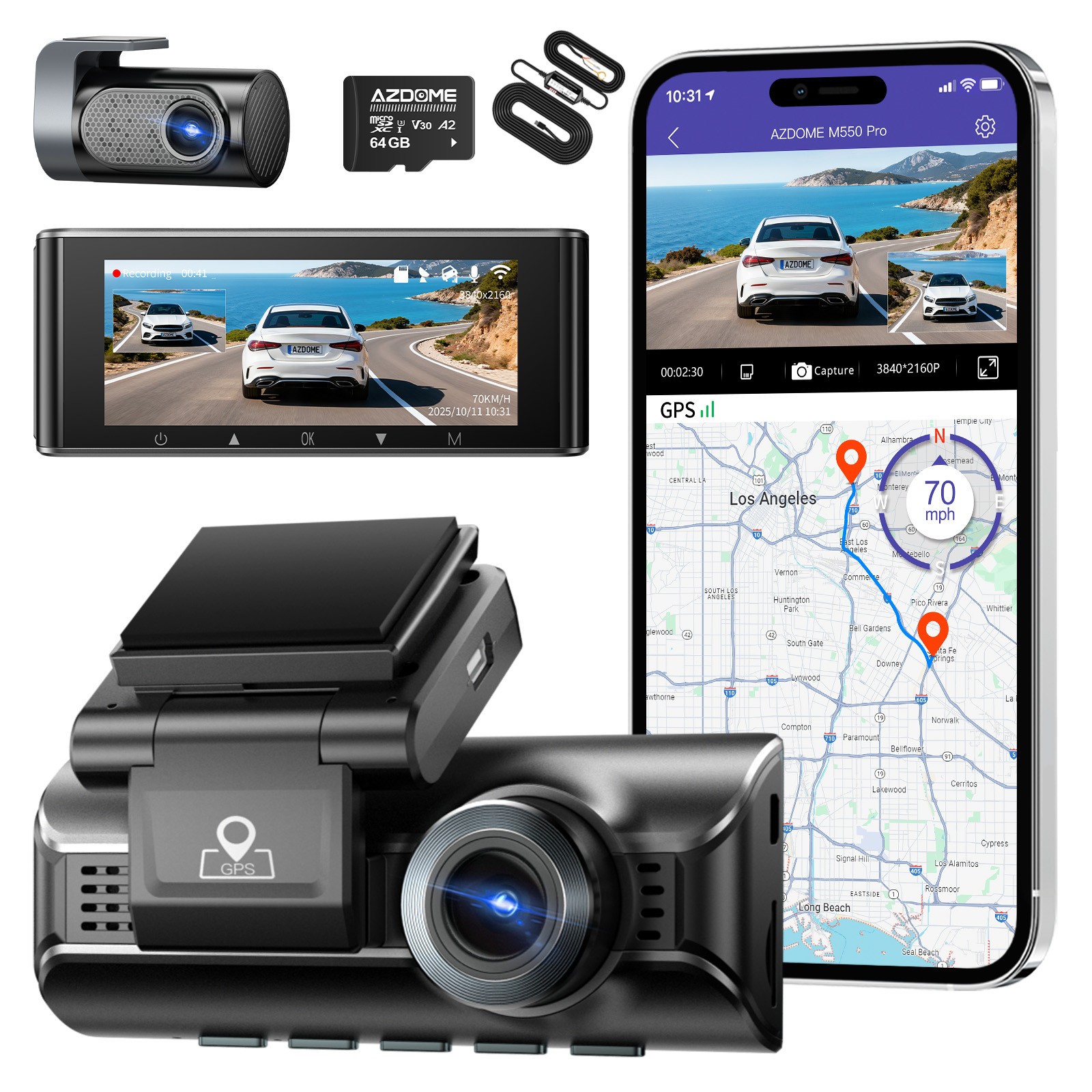 AZDOME 2CH 3.19″4K+2.5K Dash Cam 5GWiFi GPS Park Mode Voice Control+Hardwire-Kit