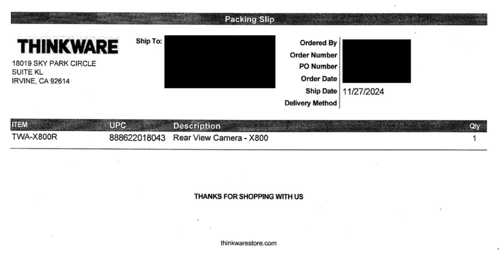 Thinkware X800 Dash Cam Rear View Camera BCFH-60, 1920 x 1080p