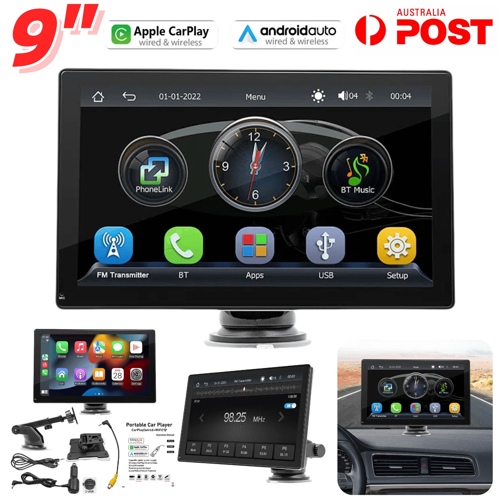 9″ Car Radio Stereo Touch Screen Bluetooth Wireless CarPlay Apple Android Auto