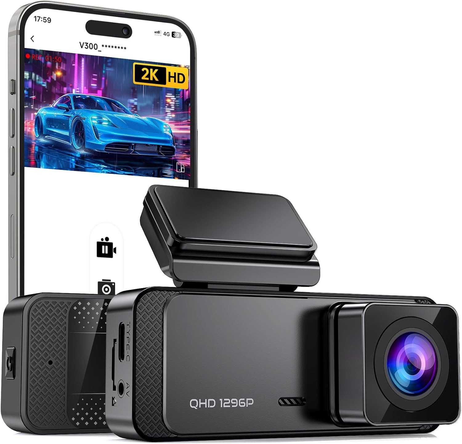 1296P Front Dash Cam with Wi-Fi, Car Camera with App