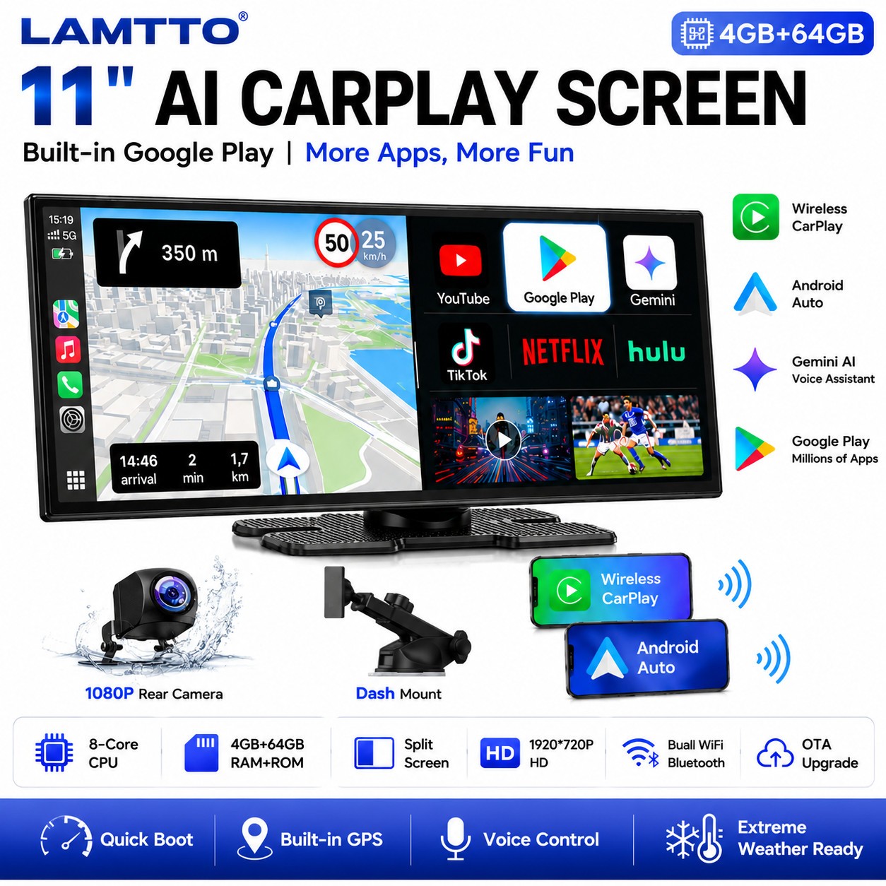 Lamtto 11″ AI CarPlay Display Screen GooglePlay Wireless Android Auto GPS Camera