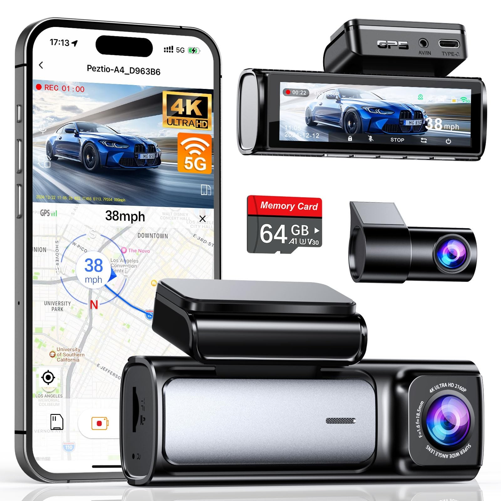 4K Dash Cam Front Rear 5G WiFi GPS 64GB Card 3,59 IPS Night Vision WDR