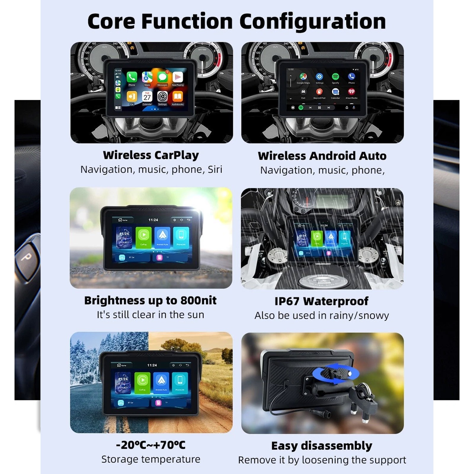 7 inch Motorcycle Android Auto Wireless IPS Touch Screen Carplay + Camera +TPMS