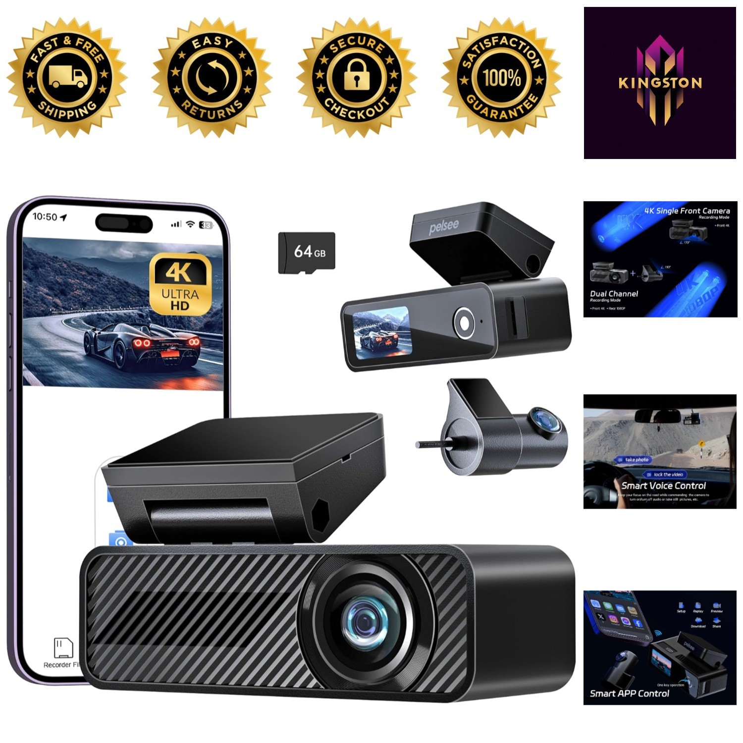 4K+1080P Dual Dash Camera with 64GB Card – Wi-Fi & Voice Control, Night Vision