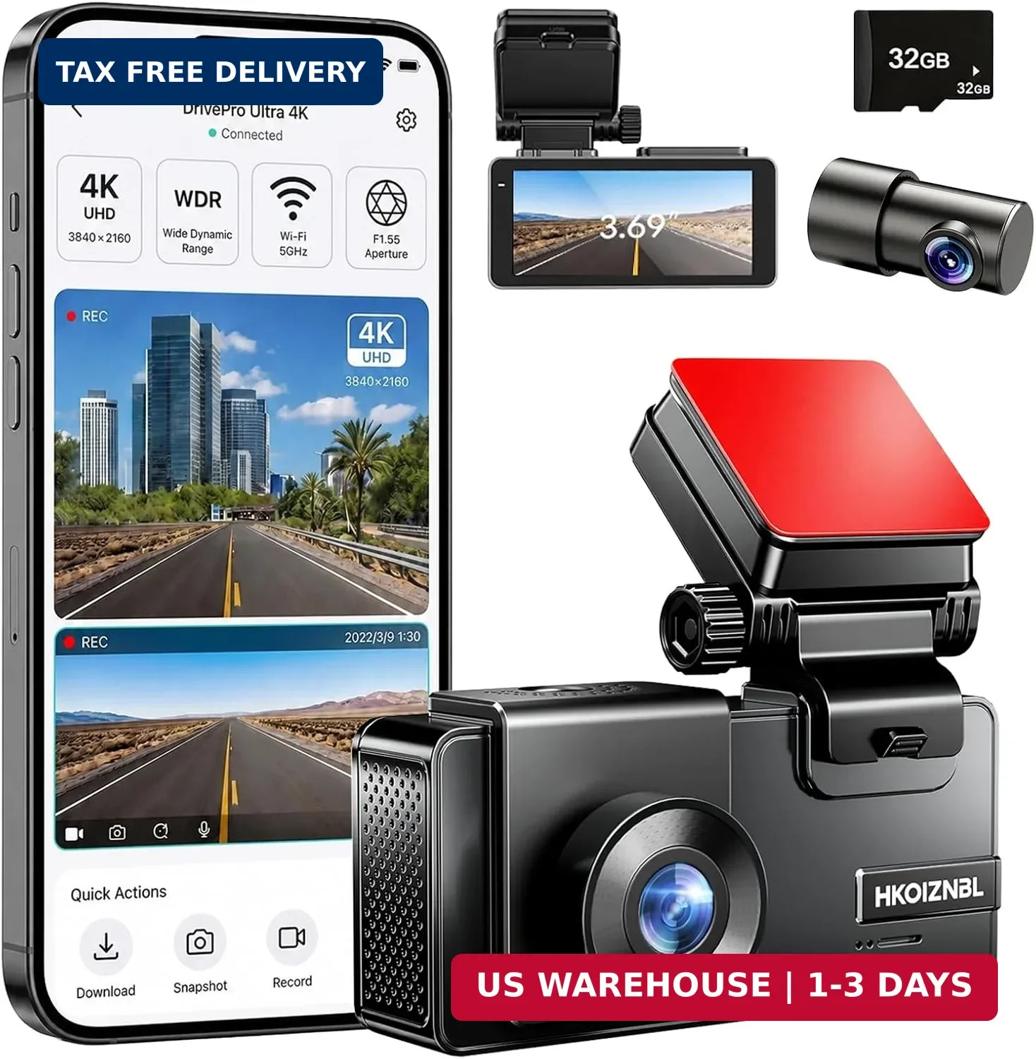 4K+2.5K Dual Dash Cam Front Rear F1.4 Night Vision Dash Camera | 3.69″ LCD, 5.8G