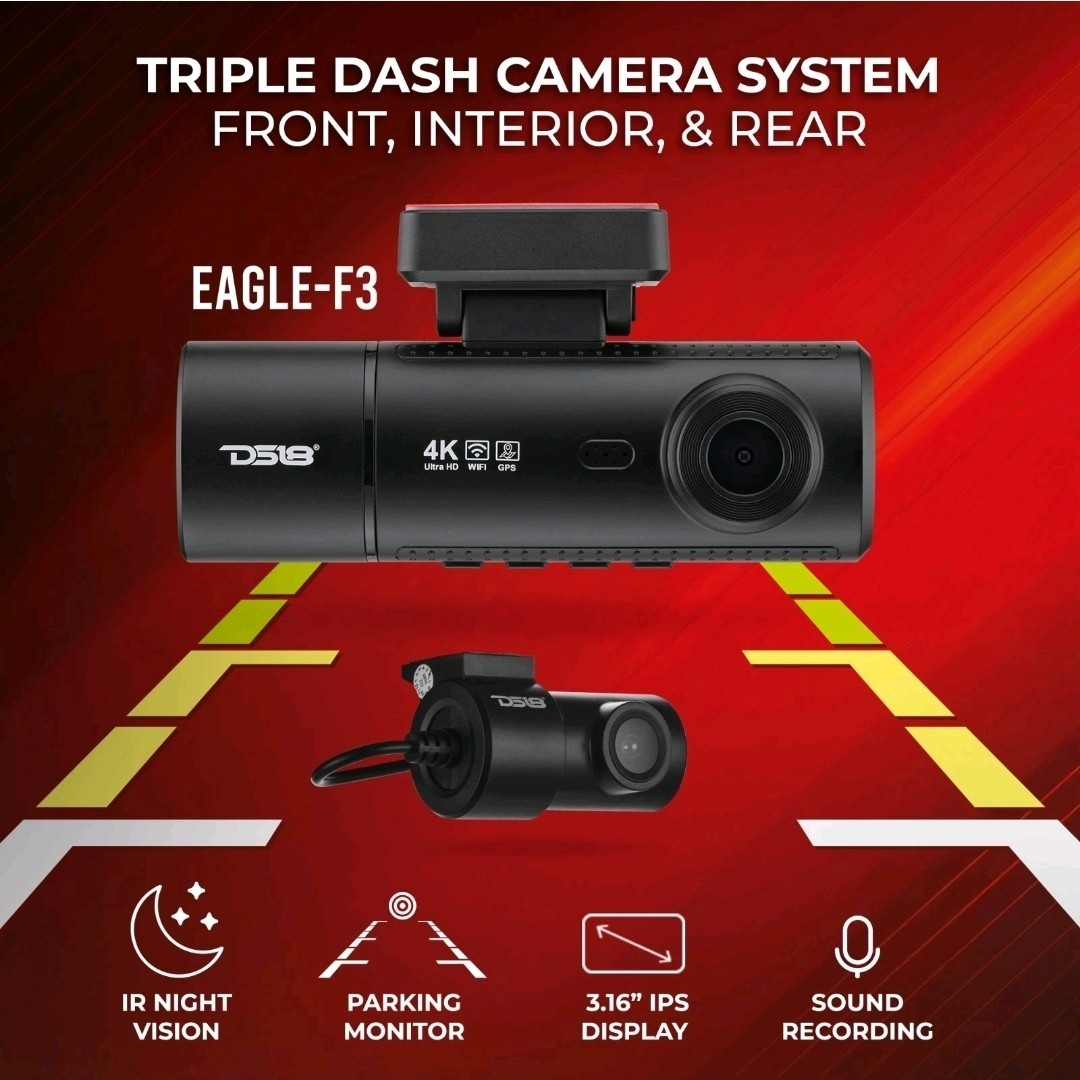 DS18 EAGLE-F3 4K Triple Dash Camera with Front, In-Cabin and Rear Cameras