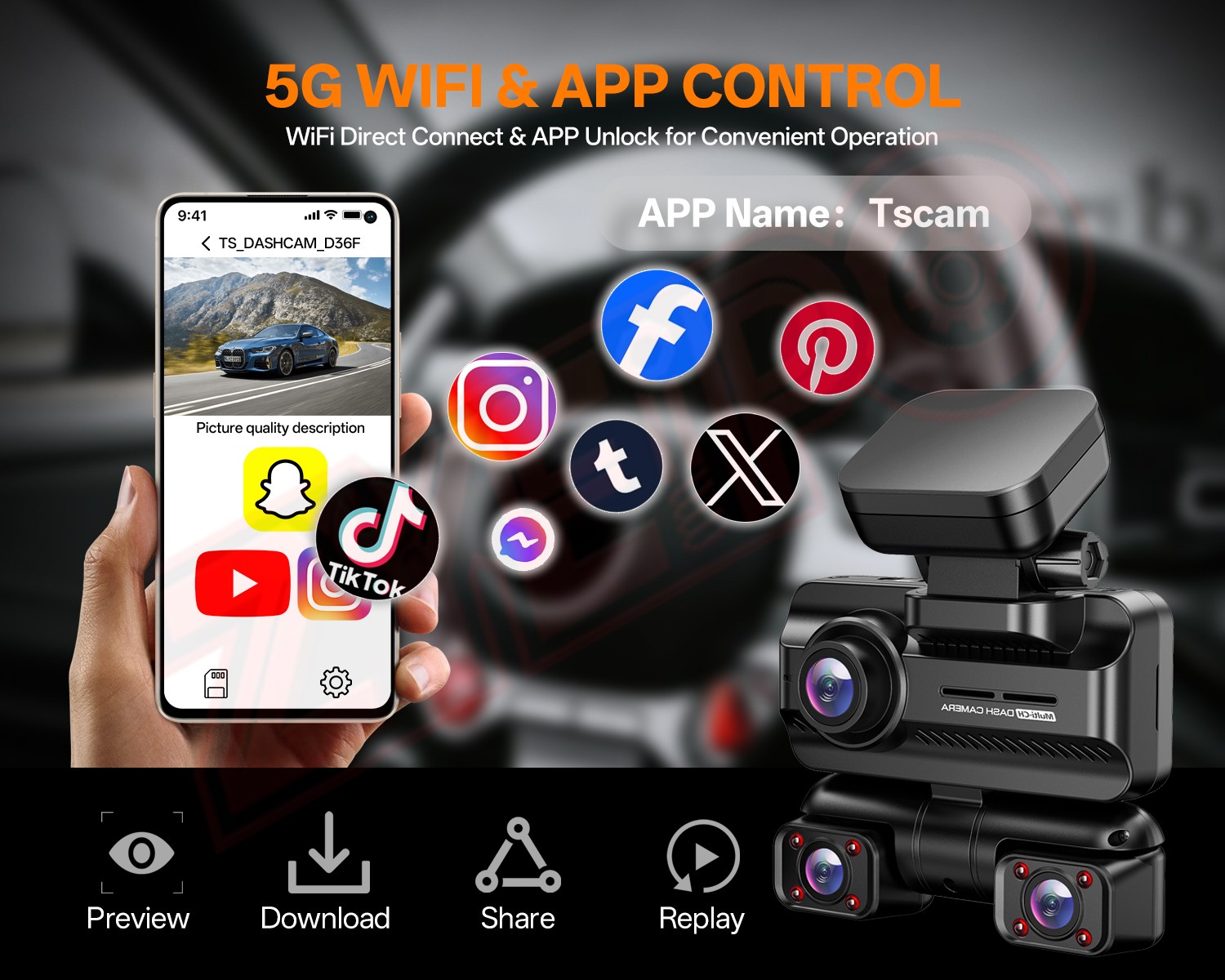 Dash Cam-4K-4 Channel -360° Front Rear Inside DashCam FHD 1080P Car Camera 128GB