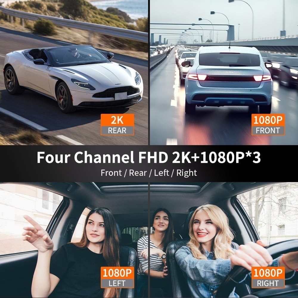 360° 4-Channel Dash Cam with Night Vision, GPS & WiFi – FHD 2K+1080P System