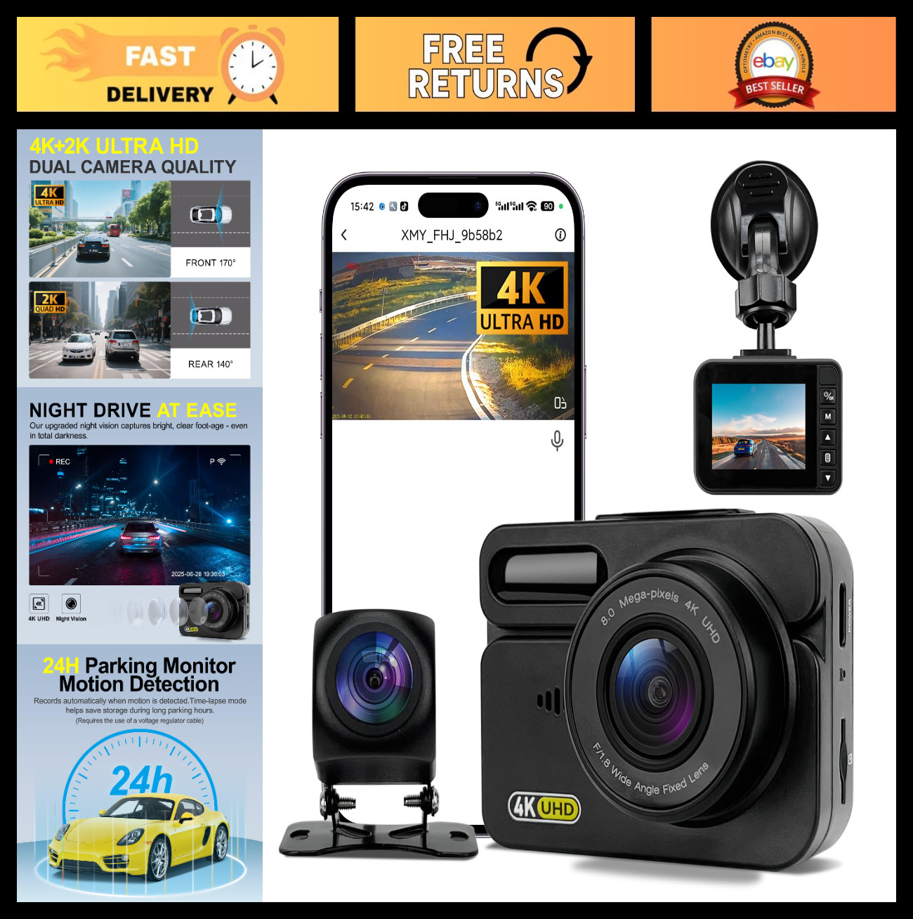 Dual Dash Cam Front & Rear, 170° Wide Angle, Night Vision, WiFi, 64GB Card, 24H