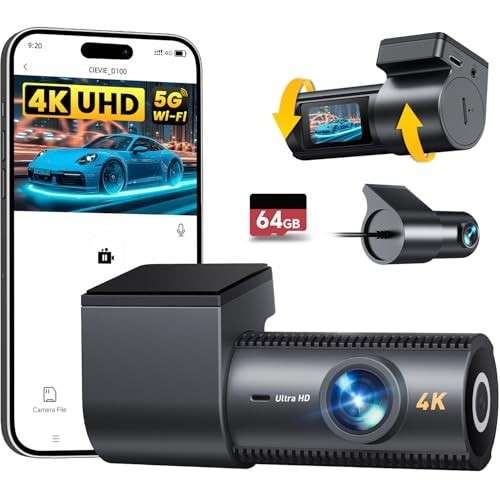 4K Dash Cam Front and Rear 64GB SD Card 5.8GHz WiFi 170 Degree Night Vision WDR