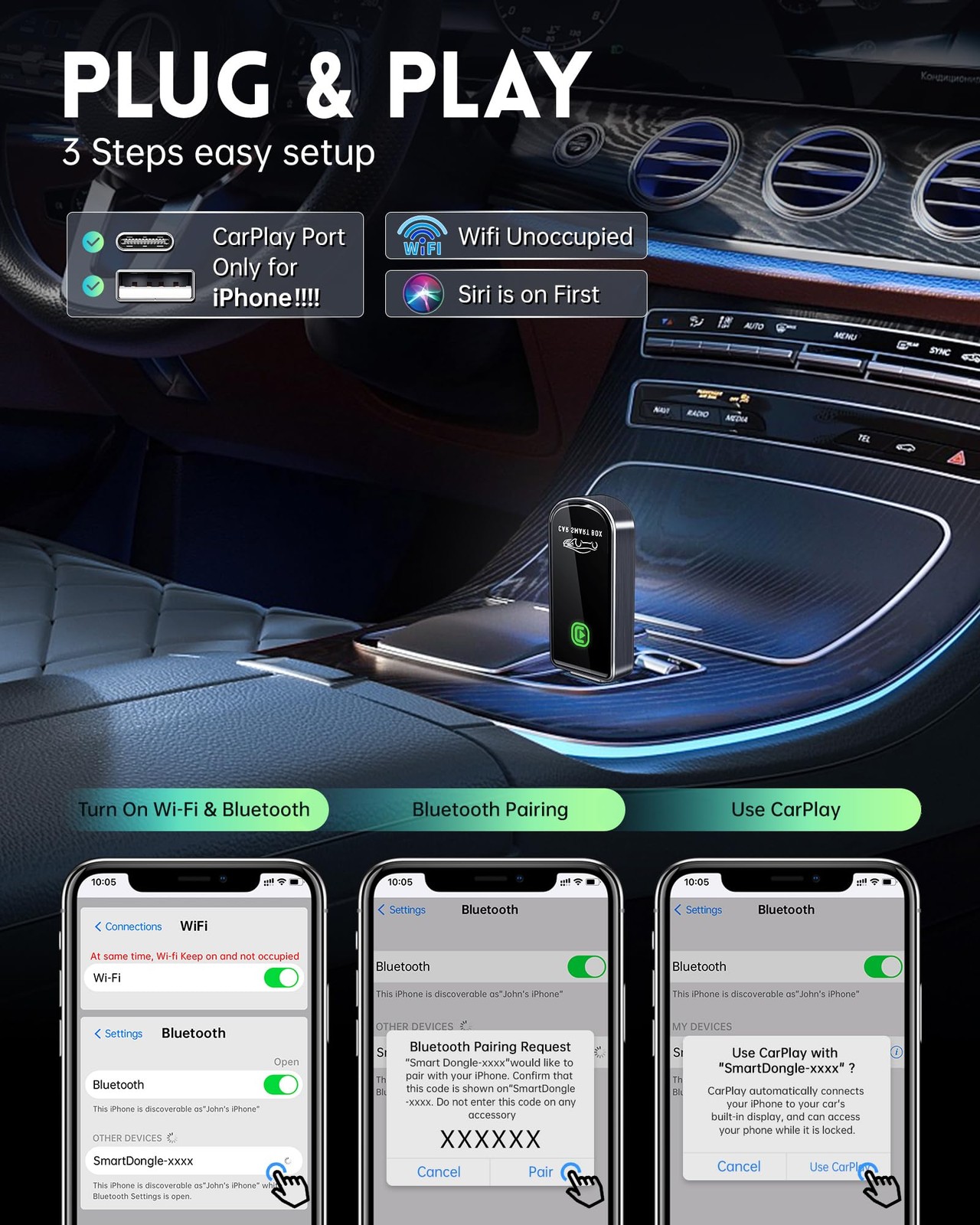 Wireless CarPlay Adapter for Apple iPhone iOS 10+ & Cars from 2015+, Mini Edi…