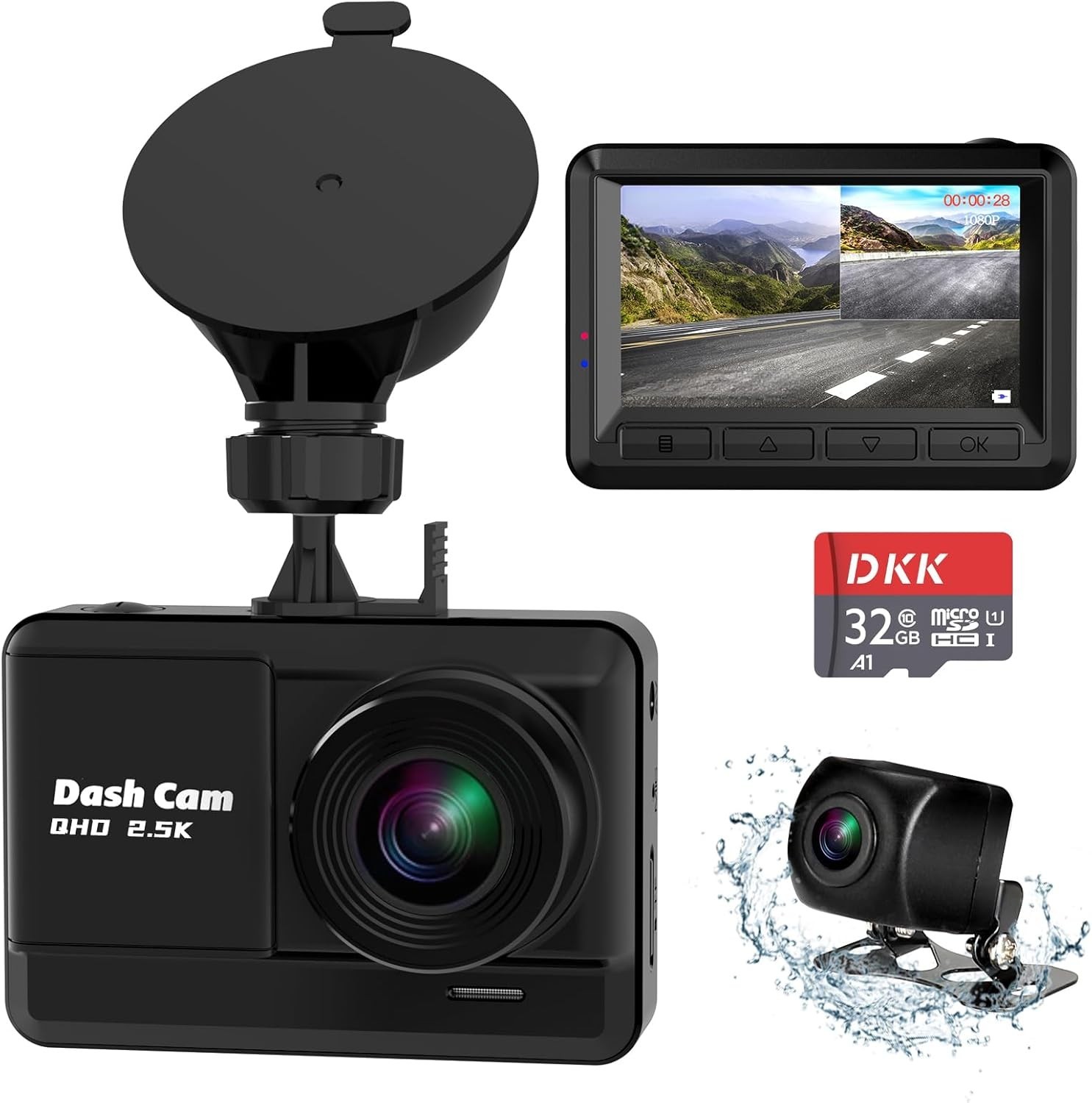 Dash Cam Front and Rear, 2.5K+1080P Dual Dash Camera for Cars -Windshield Mount