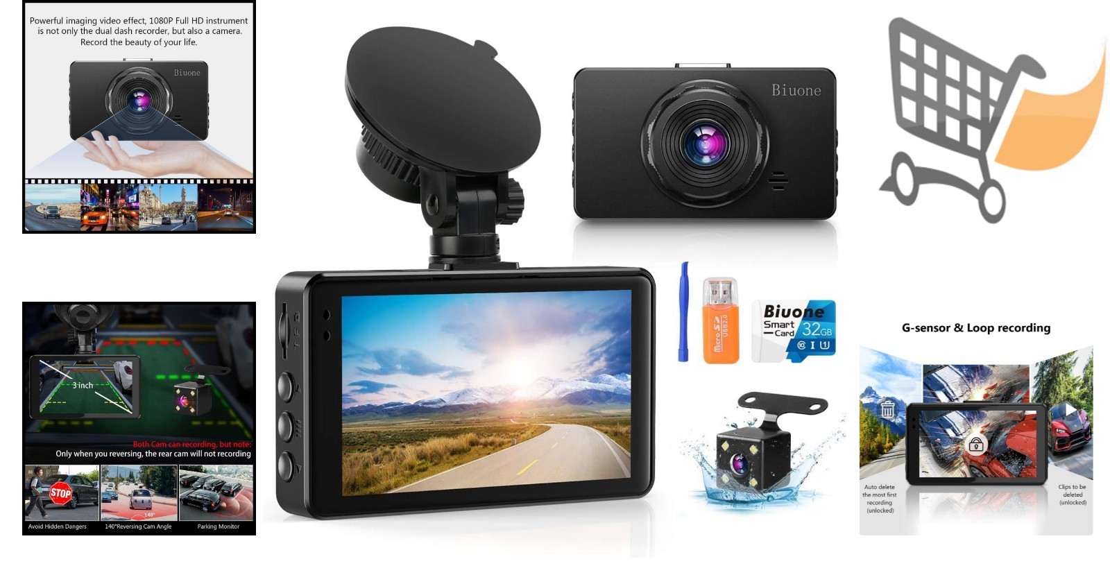 Dash Cam Front Rear 1080P Night Vision G-Sensor Loop Recording 32G Card