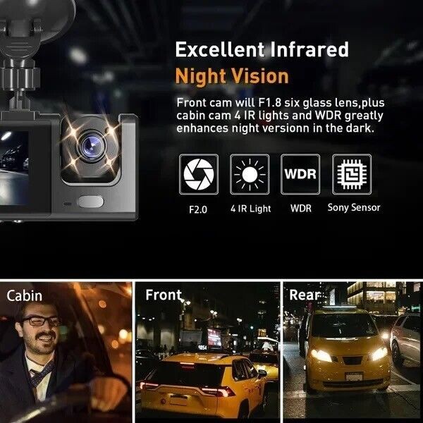 1080P HD Car Dual Lens Dash Cam Front/Rear/Inside Video Recorder Camera G-sensor