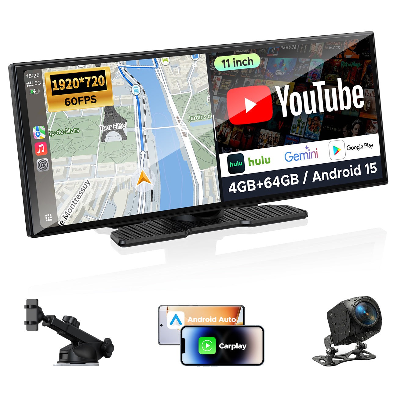 LAMTTO 11″ Car Touchscreen Wireless CarPlay + Android Auto w/ Gemini Rear Camera