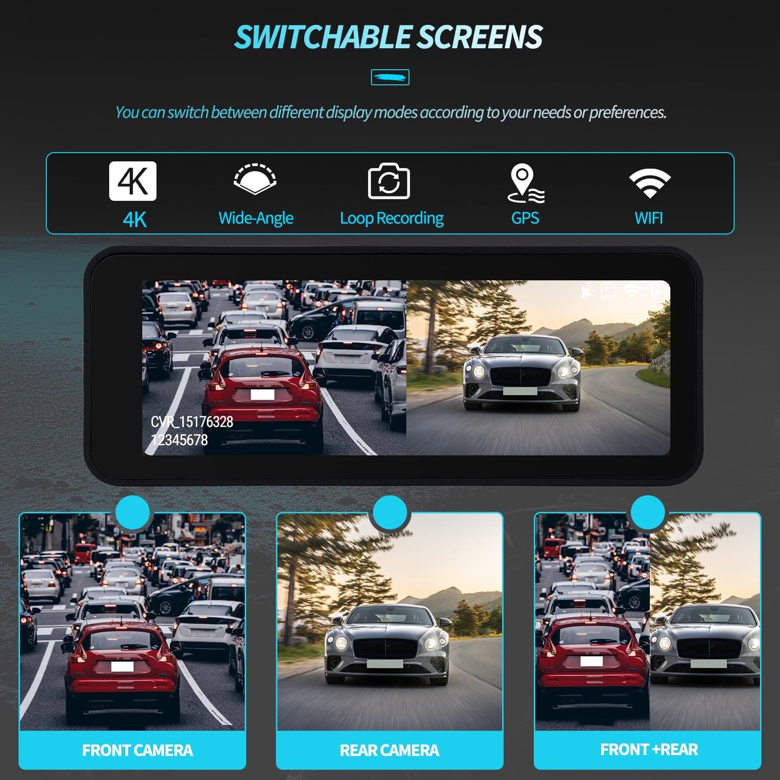 4K Dual Dash Cam Front & Rear, WiFi GPS, Night Vision, 170° Wide Angle, G-Sensor