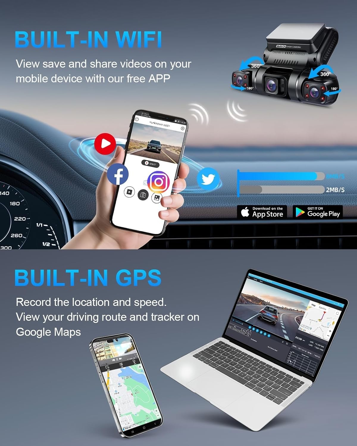 Full Coverage 4-Camera Dash Cam FHD 1080P, Built-in GPS WiFi
