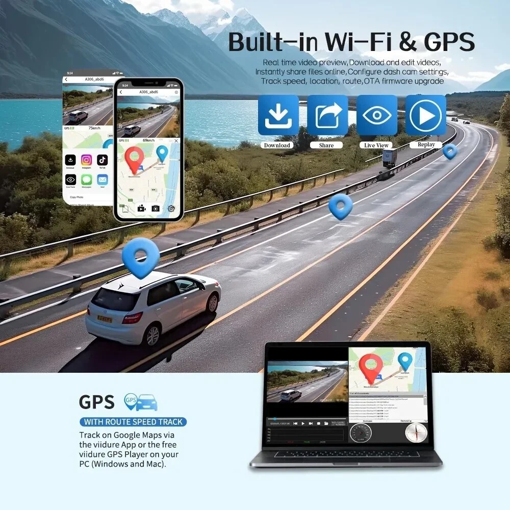 HD 12″ Touchscreen Dash Cam 4CH with GPS 24/7 Parking Mode Cloud Storage Support