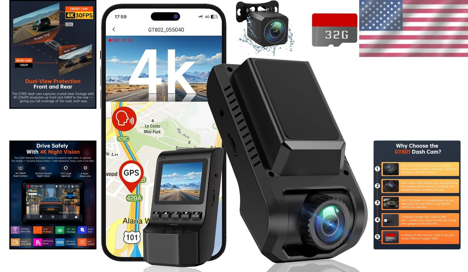 GT801 4K UHD Dash Cam with 1080P Rear Camera, WiFi & GPS – Includes 32GB SD Card