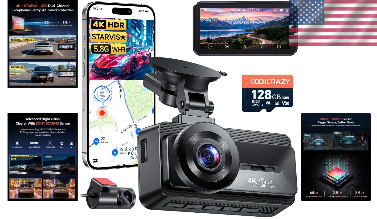 4K Front & Rear Dash Cam with STARVIS Sensor & 128GB Card – Ultimate Safety