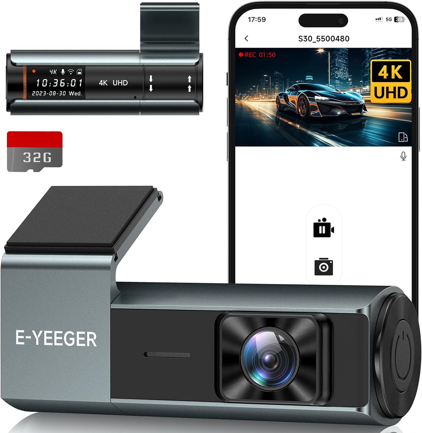 4K front Dash Camera for Cars, 2160P with 32GB Card, WiFi Dash Cam w/ App